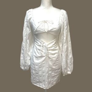 SABO White Cotton Cutout Mini Dress Balloon Sleeve Lined XS